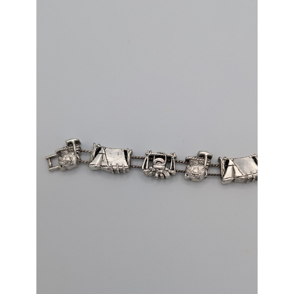 Vintage 90s Tofa BG Silver Tone Heavy Charm Bracelet Slider Camping Tent Kitschy image 5